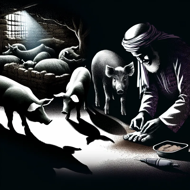 Een boer die voorzichtig de hoeven van varkens inspecteert in een sfeervolle, rustieke boerderij tijdens de schemering.