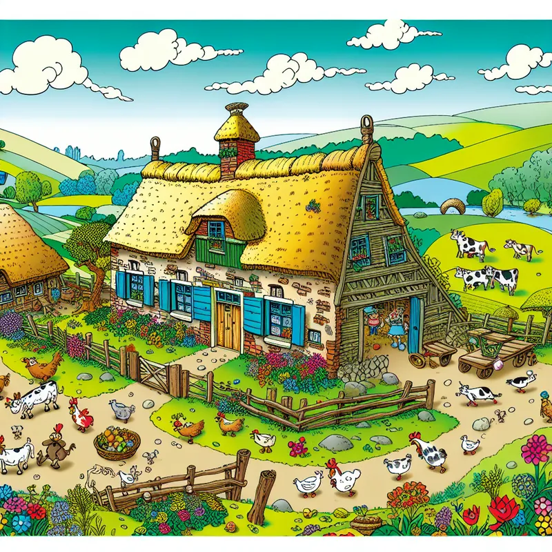 Cartoonachtige illustratie van een oude boerderij omringd door een tuin met dieren