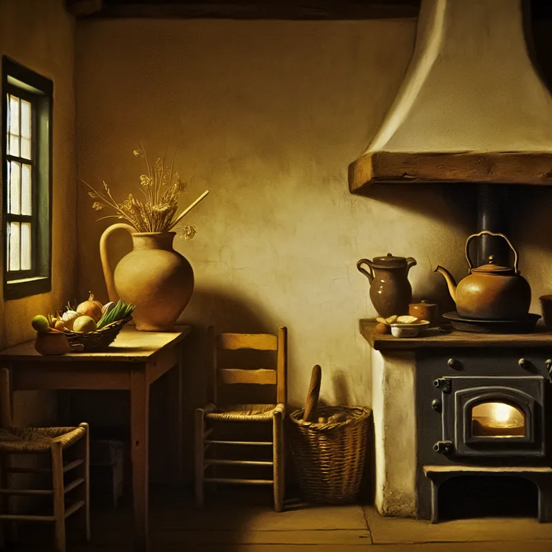 Rustieke boerderijkeuken met houten fornuis, aardewerken kruik en vers brood op tafel, in de stijl van Vermeer