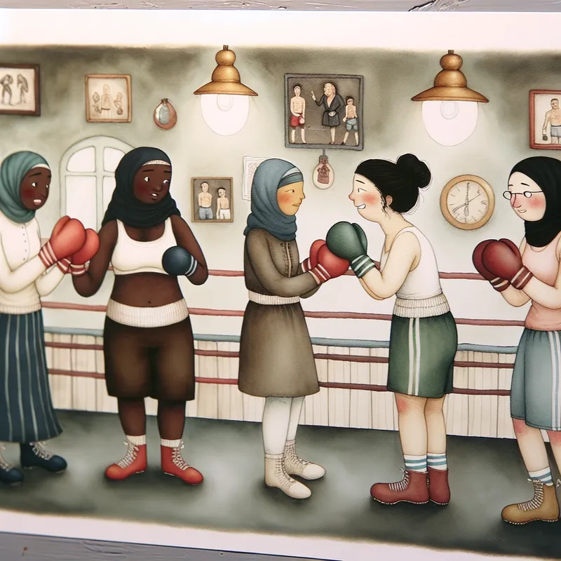 Een geïllustreerde scène van een diverse groep vrienden in een boksclub, die elkaar 'zuster' noemen en trainingsmateriaal gebruiken.