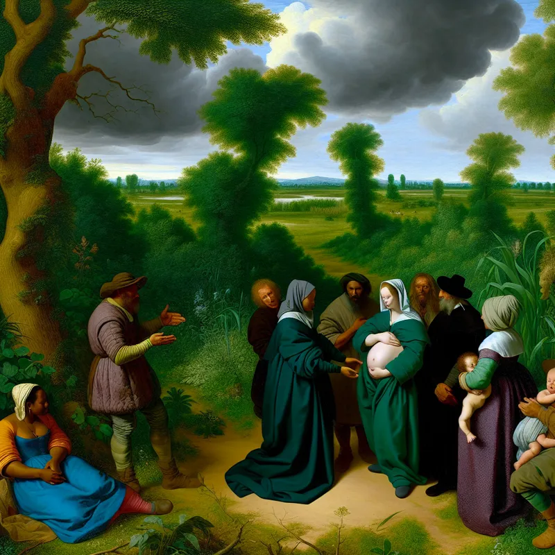 17e-eeuws Hollands landschapsschilderij van een familie die reageert op verrassend nieuws van een zwangerschap in een weelderige natuur