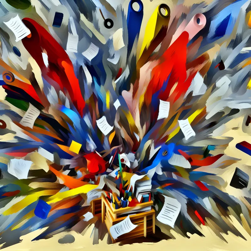 Abstracte explosie van papieren en taken op een bureau, symboliserend voor een overweldigende hoeveelheid werk in de stijl van Karel Appel