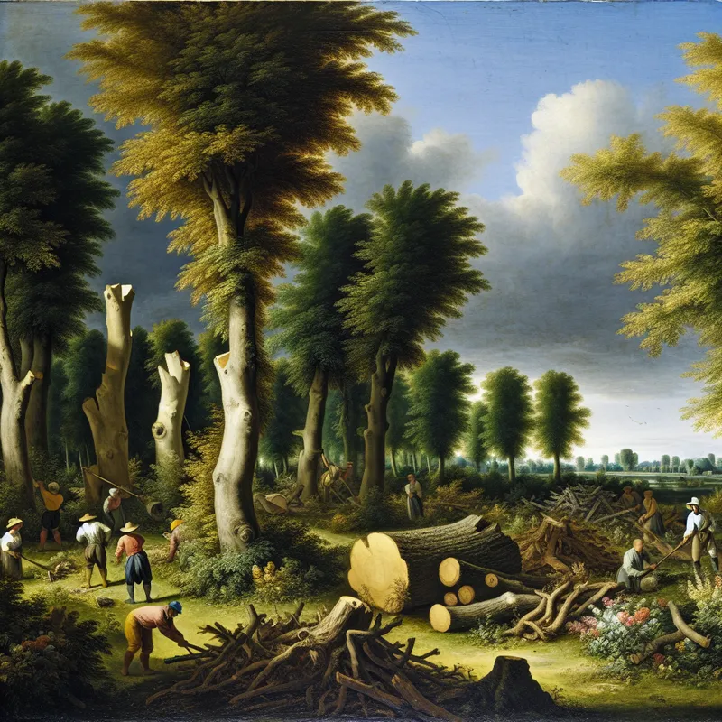 Werkers verwijderen oude bomen in een serene parklandschap met een dramatische lucht op de achtergrond