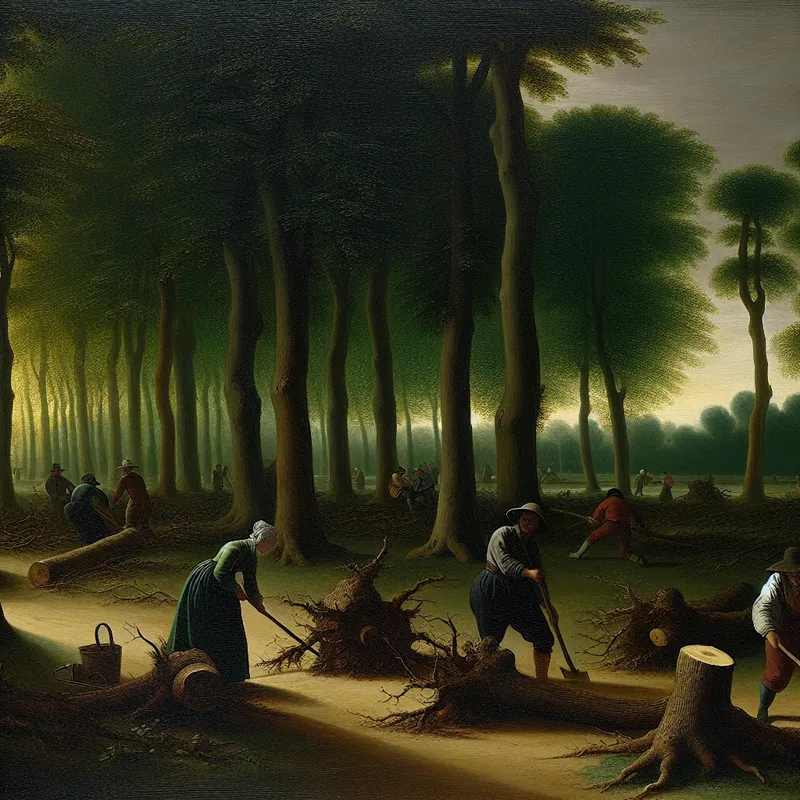 Een serene park scène bij schemering met arbeiders die oude bomen met zorg rooien, waarbij de nadruk ligt op de wortels.