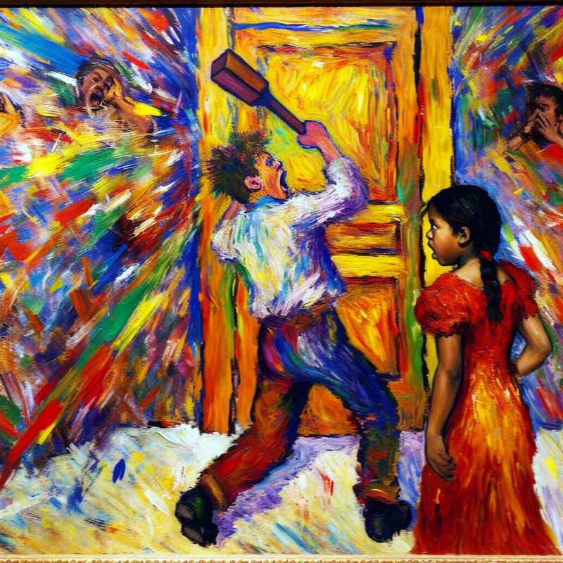 Abstracte schilderij van kinderen die op een grote, kleurrijke houten deur bonken, met dynamische bewegingen en felle kleuren.