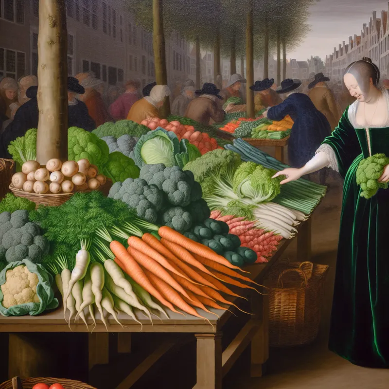 17e-eeuwse Nederlandse marktscène met een elegante vrouw die verse groenten zoals wortels, broccoli en sla uitkiest bij een kraam vol kleurrijke producten