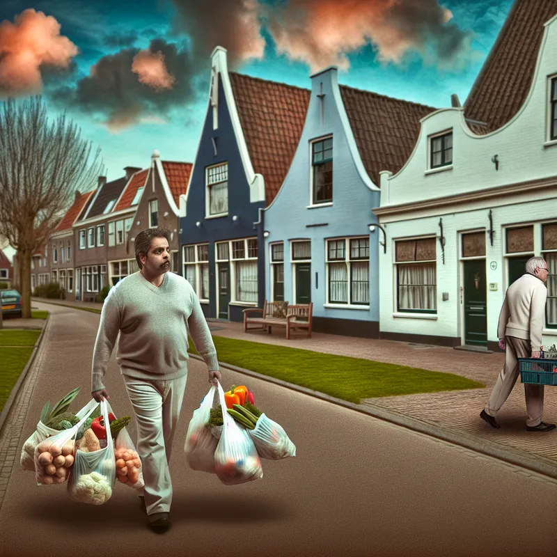 Persoon met boodschappen voor buur in surrealistische straat