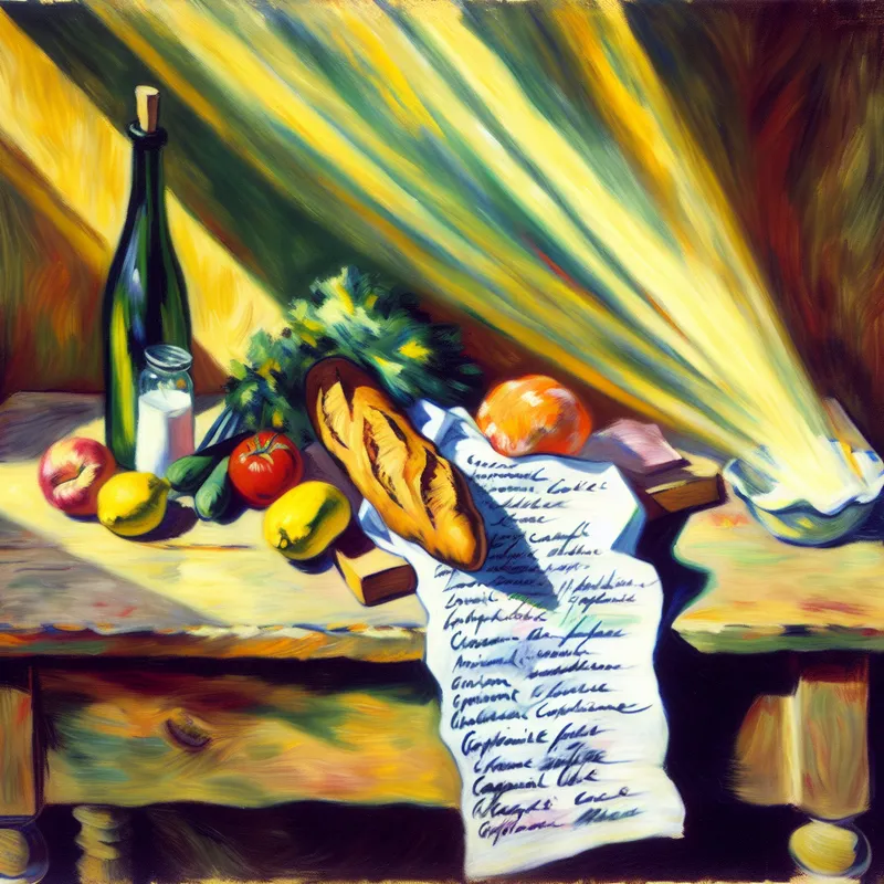 Kleurrijke boodschappenlijst op een rustieke houten tafel met verse groenten, melk en brood eromheen, geschilderd in de stijl van Van Gogh.