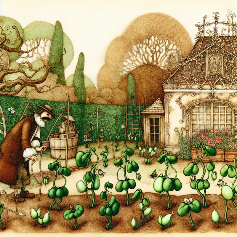 Een betoverende tuin met schattige groene boontjesplanten en een vintage tuinhuisje, verzorgd door een tuinier in vintage kleding.