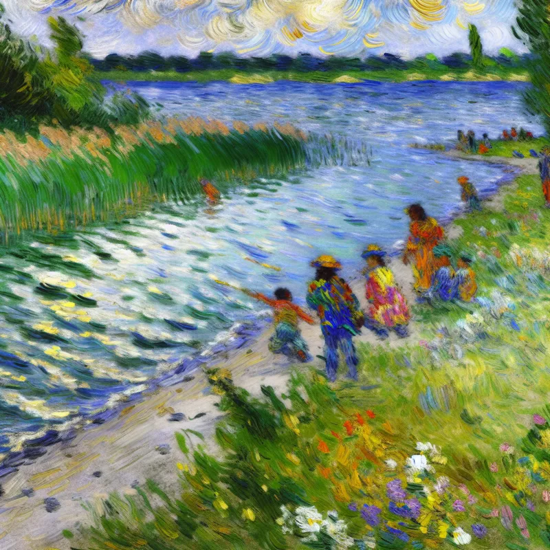 Kinderen spelen vrolijk aan de boord van een schilderachtig meer in Van Gogh-stijl met levendige kleuren en dynamische penseelstreken