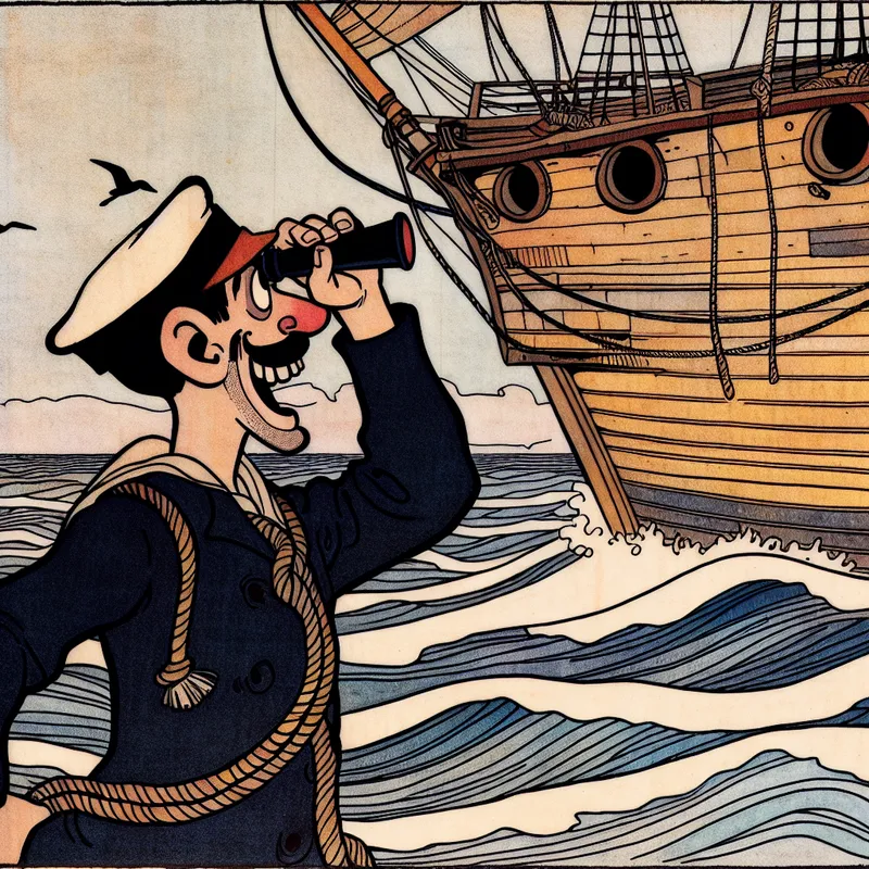 Vrolijke matroos kijkt vanaf het boord van een gedetailleerd cartoon schip over de zee met meeuwen en horizon