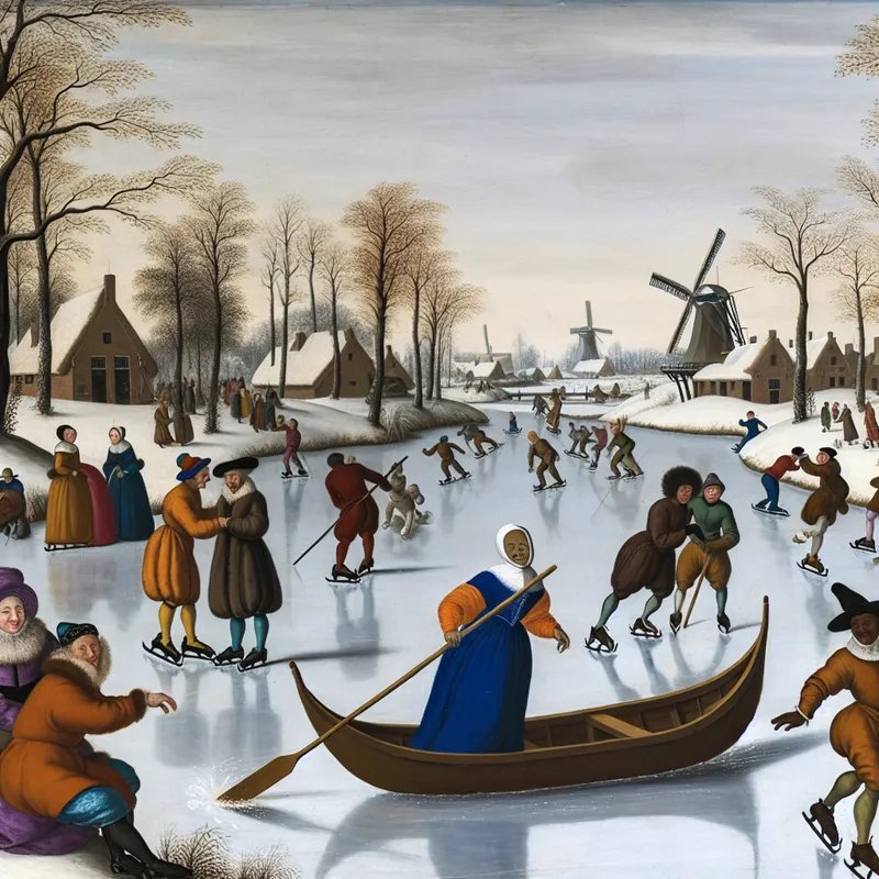Persoon bestuurt een houten boot met een lange vaarpaal op een bevroren kanaal in een levendige Nederlandse wintertaferel in de stijl van Hendrick Avercamp