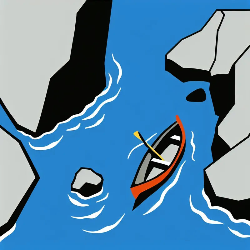 Minimalistische illustratie van een kleine boot die behendig tussen smalle, puntige rotsen manoeuvreert in kalm blauw water, in de stijl van Dick Bruna