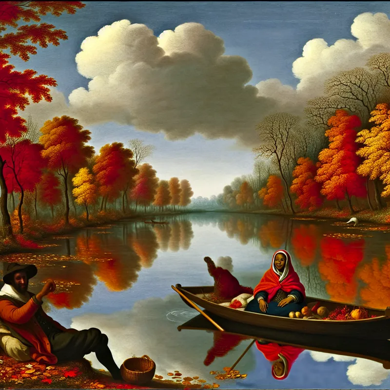 Een stel genietend van een rustige boottocht op een kalme rivier omringd door herfstbladeren.