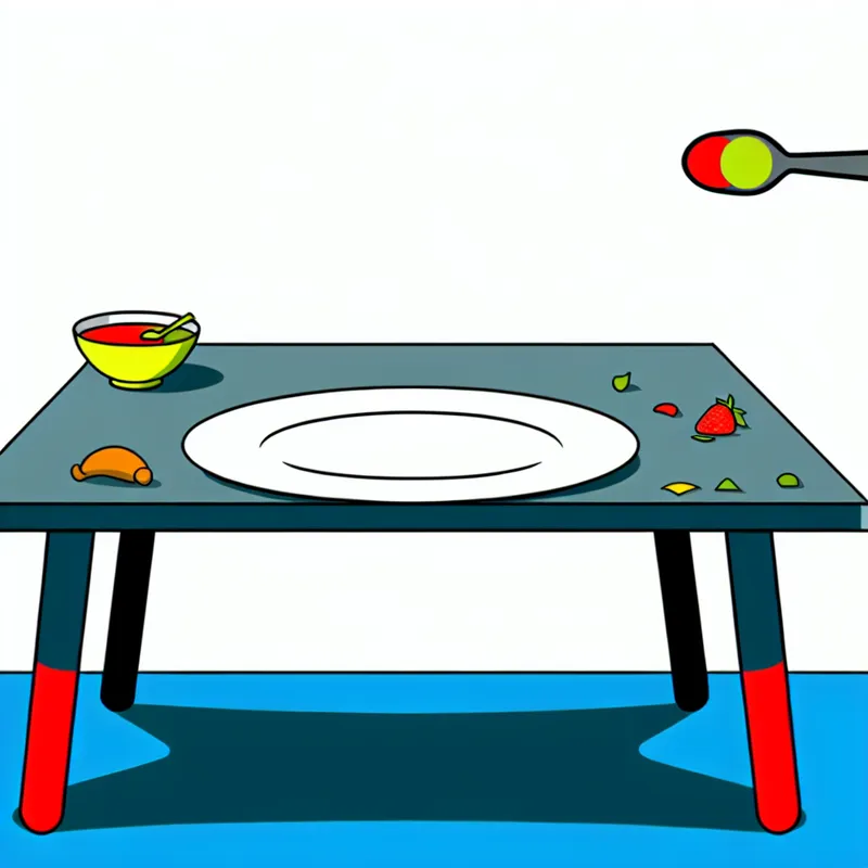 Minimalistische illustratie van een bijna leeg bord met enkele kruimels en een lege dessertkom, symboliserend het opeten van al het eten op een bord