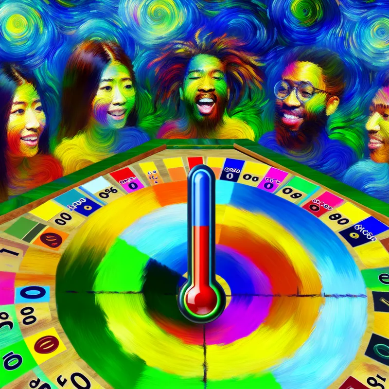 Een levendig bordspeltafereel met spelers die hun beurt beginnen, elk met een scorekaart van '0' punten.