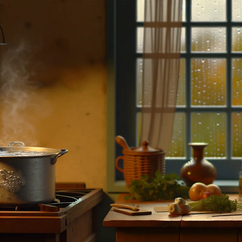 Serene keuken met een borrelende pan op het fornuis, warm licht en raindrops op het raam.