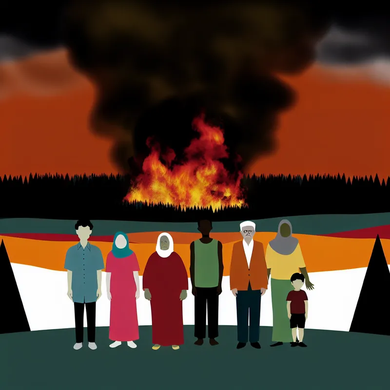 Een intens vuur verwoest een bos, met mensen die bezorgd toekijken