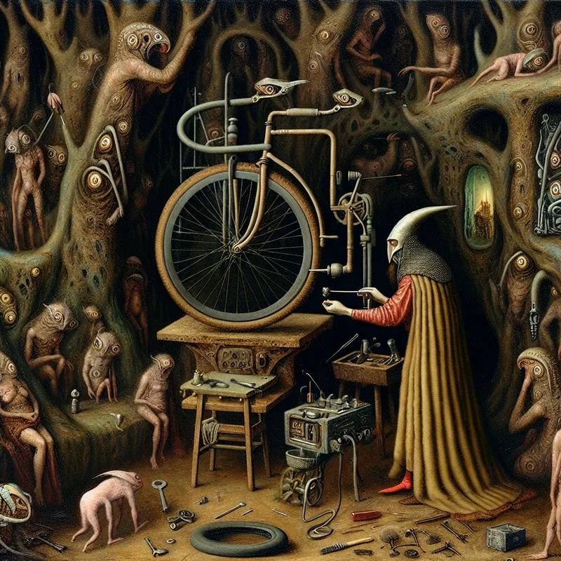 Surreal scène van fietsenmakerij geïnspireerd door Hieronymus Bosch