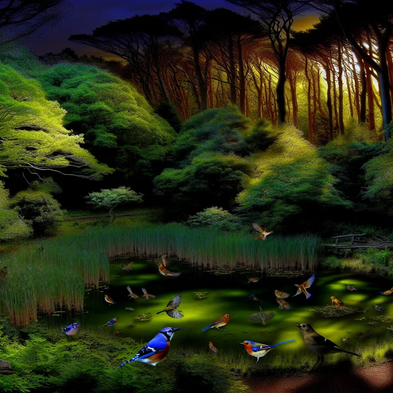 Een vredig boslandschap bij schemering met een kleine vijver omgeven door weelderige begroeiing en dichte bomen.