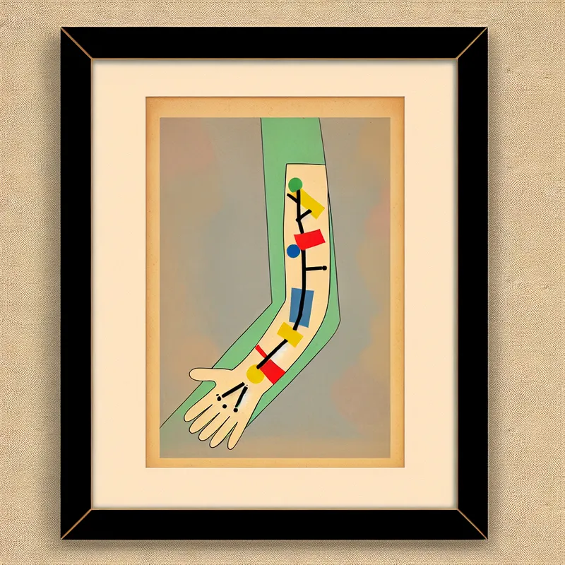 Minimalistische illustratie van een genezend gebroken bot in een arm met gips, symbolisch weergegeven met bruggetjes en stiksels voor botgenezing