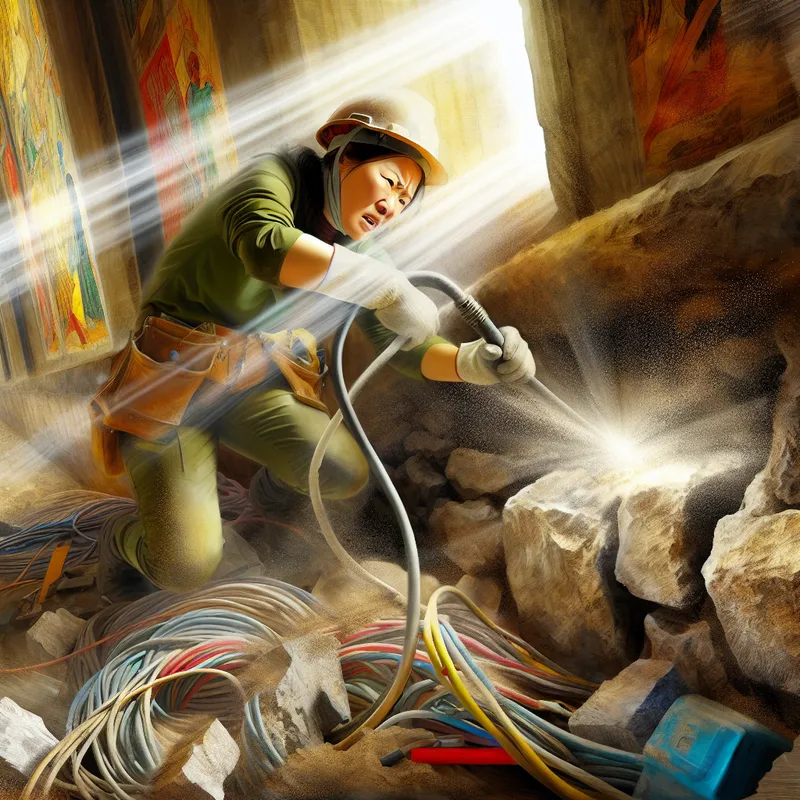 Een bouwarbeider snijdt een groef in een muur voor elektrische kabels op een bouwplaats, omringd door gereedschap en materialen.