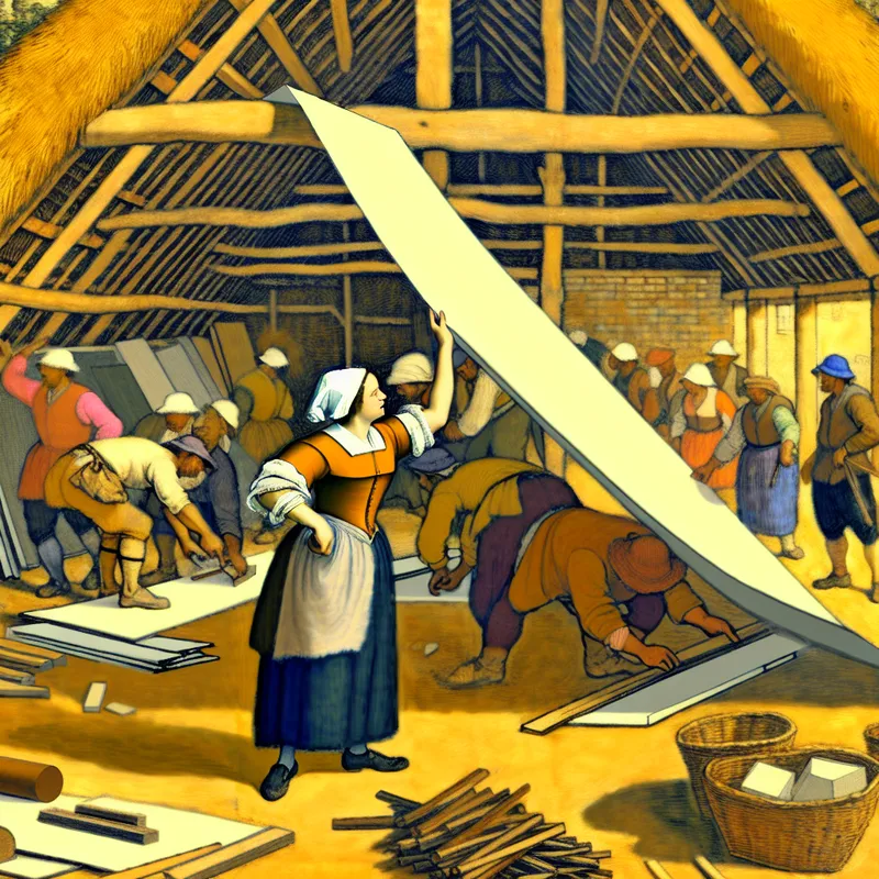 Een aannemer plaatst een groot vlak stuk materiaal op een bouwplaats met andere werknemers op de achtergrond.