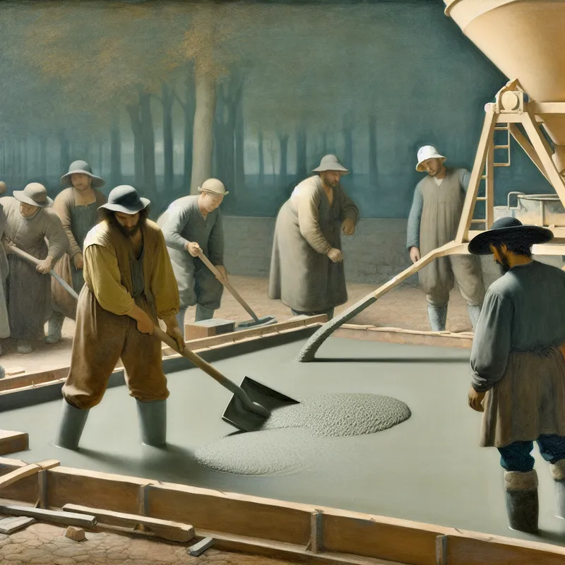 Werknemers gieten natte beton in een mal op een serene bouwplaats