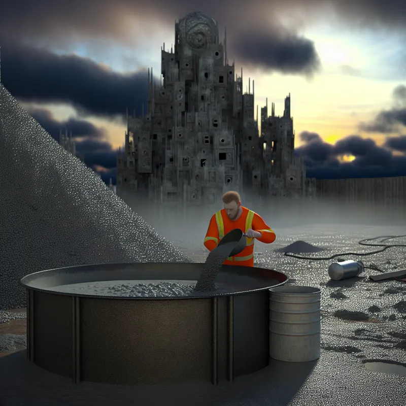 Een hyper-realistisch beeld van een bouwplaats bij zonsopgang met een arbeidskracht die cement in poedervorm mengt met water.
