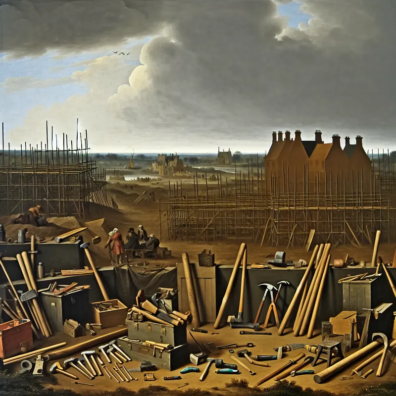 Een gedetailleerd uitzicht op een bouwplaats met gereedschap zoals hamers en zagen, omgeven door een dramatische lucht.
