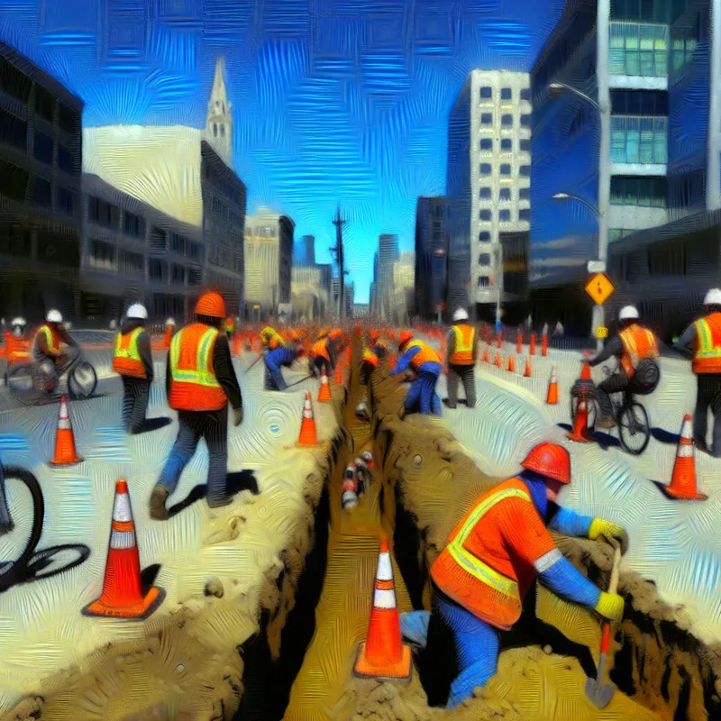 Een hyperrealistisch beeld van een bouwplaats in een stadsstraat, waar een waterleiding wordt omgeleid met arbeiders in feloranje vesten en verkeersafzettingen.
