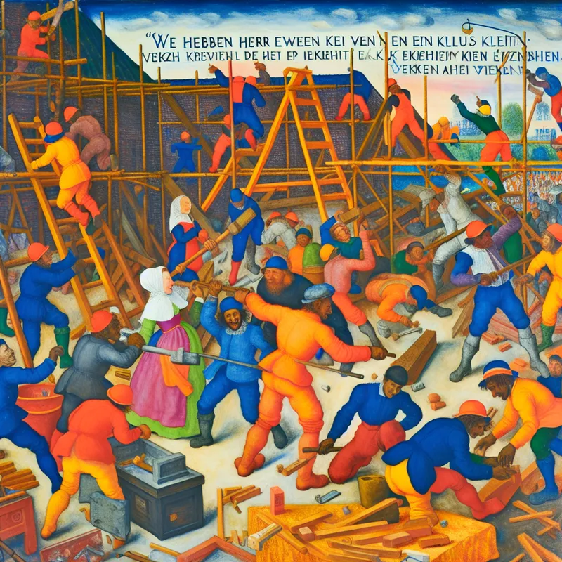 Een dynamische scène van werknemers die efficiënt samenwerken aan een groot bouwproject.