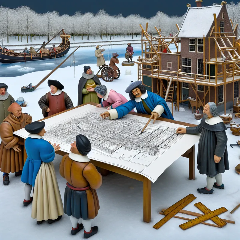 17e-eeuwse Nederlandse ambachtslieden en architecten bestuderen technische tekeningen en bouwplannen op een houten tafel op een bevroren kanaal in een winterse setting in de stijl van Hendrick Avercamp