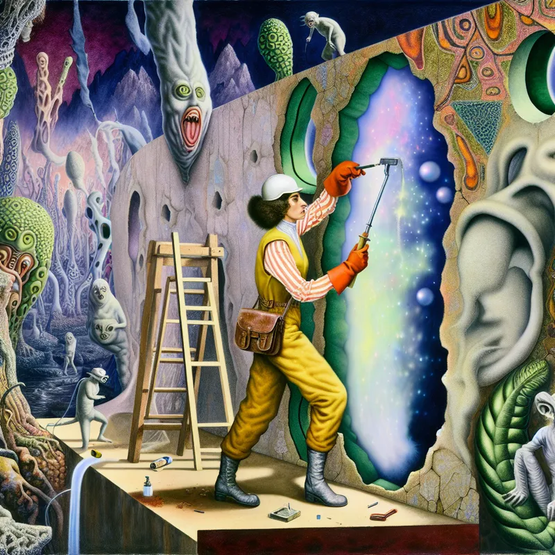 Een surrealistische afbeelding van een bouwvakker die een gat in een muur afsluit, omgeven door bizarre wezens.