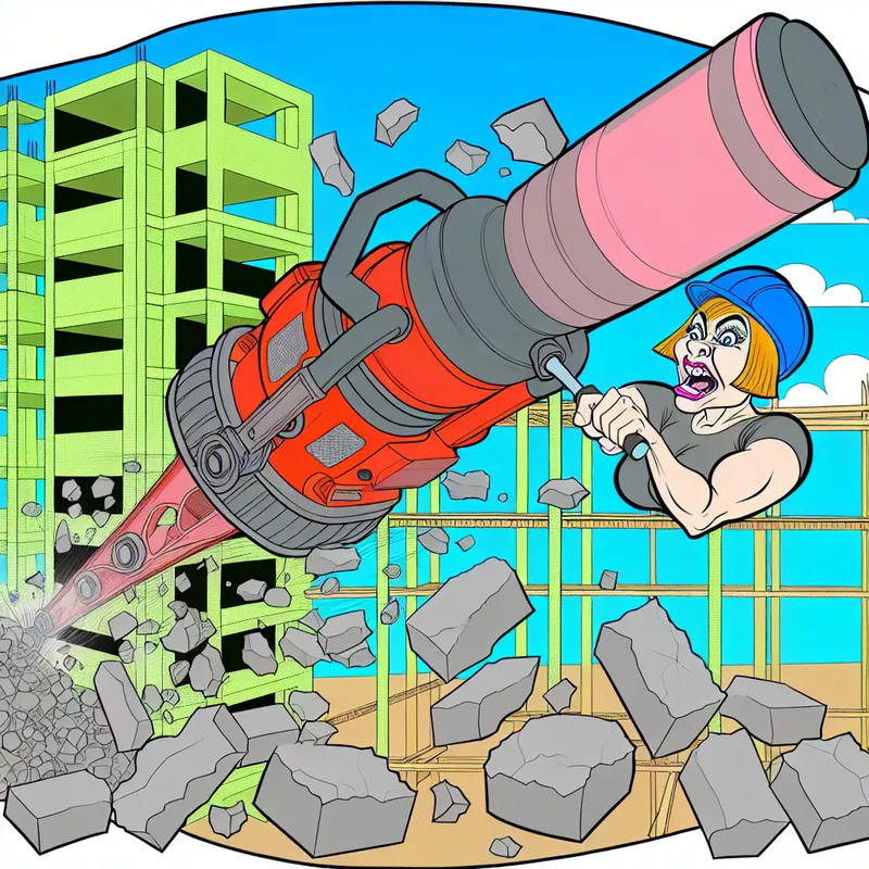 Een cartoonachtige afbeelding van een bouwvakker die een grote, kleurrijke betonschaar gebruikt om dikke lagen beton te breken.