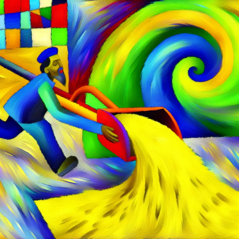 Abstracte voorstelling van een bouwvakker die met een grote, kleurrijke bus zand uitgraaft in expressieve stijl van Karel Appel