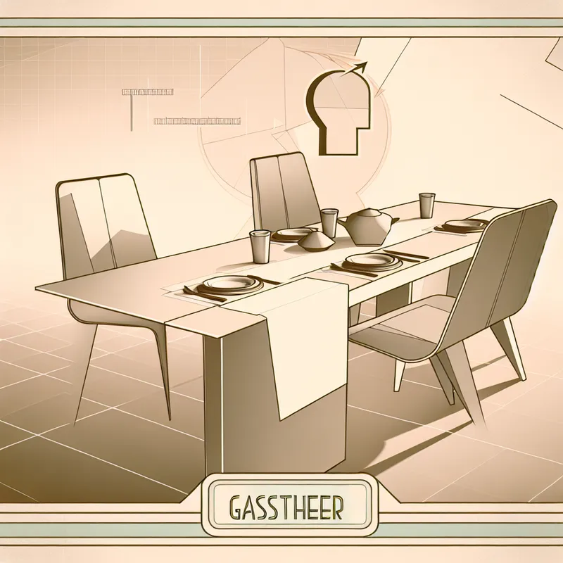 Minimalistische eettafel met nadruk op de bovenkant of hoofdpositie waar de gastheer zit, retro-futuristische illustratie