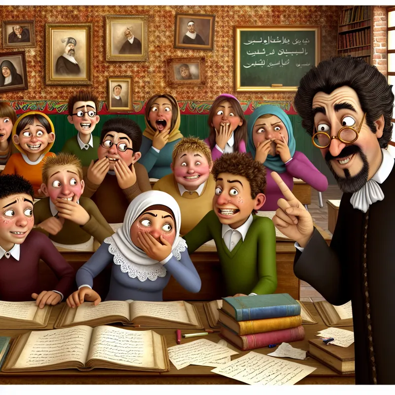 Een leraar met een furrowed brow confronteert een groep ondeugende studenten in een chaotisch klaslokaal met boeken en verspreide papieren.