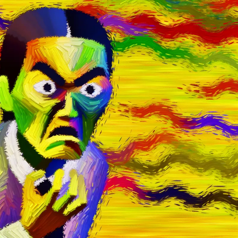 Abstracte afbeelding van een boze persoon met een expressieve gezichtsuitdrukking, omringd door felle kleuren en chaotische vormen.