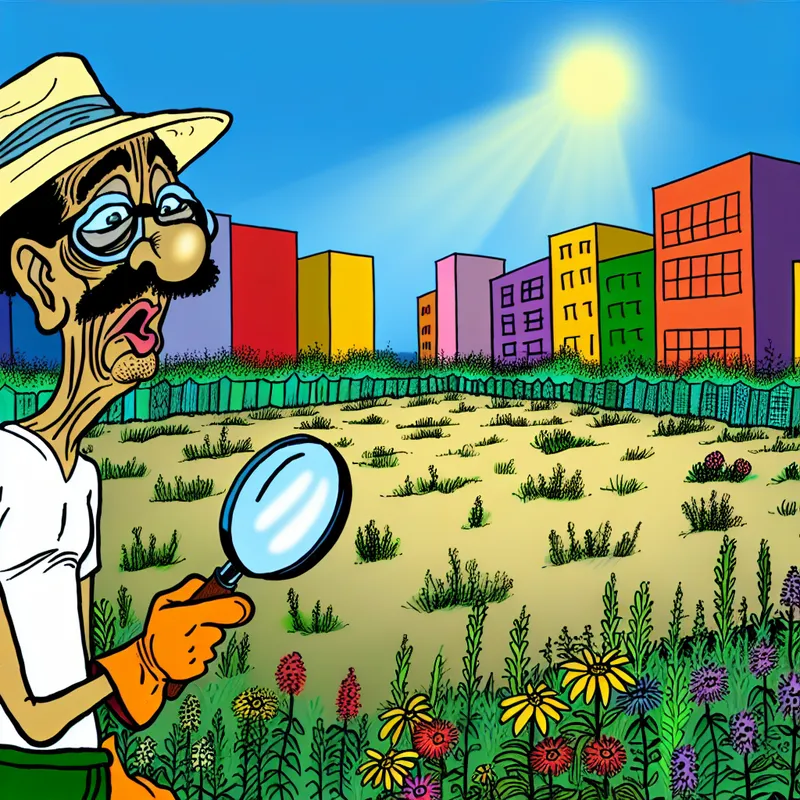 Cartoon afbeelding van een puzzelende figuur met tuinhandschoenen, die met een vergrootglas naar onbebouwd terrein kijkt