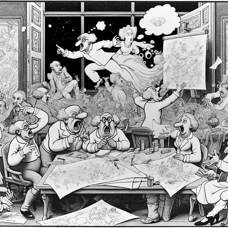 Een kleurrijke cartoonillustratie van een brainstormsessie in een levendige kantoorruimte met diverse personages die ideeën bespreken.