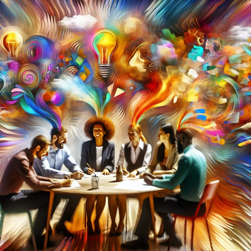 Een levendige brainstormsessie met diverse mensen rondom een tafel, bezet met kleurrijke ideeën en schetsen in abstract expressionistische stijl.