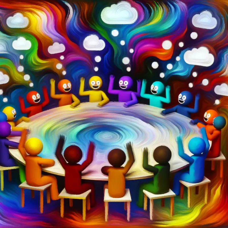 Abstracte voorstelling van diverse, kleurrijke figuren die brainstormen rondom een grote, ronde tafel vol ideeën.