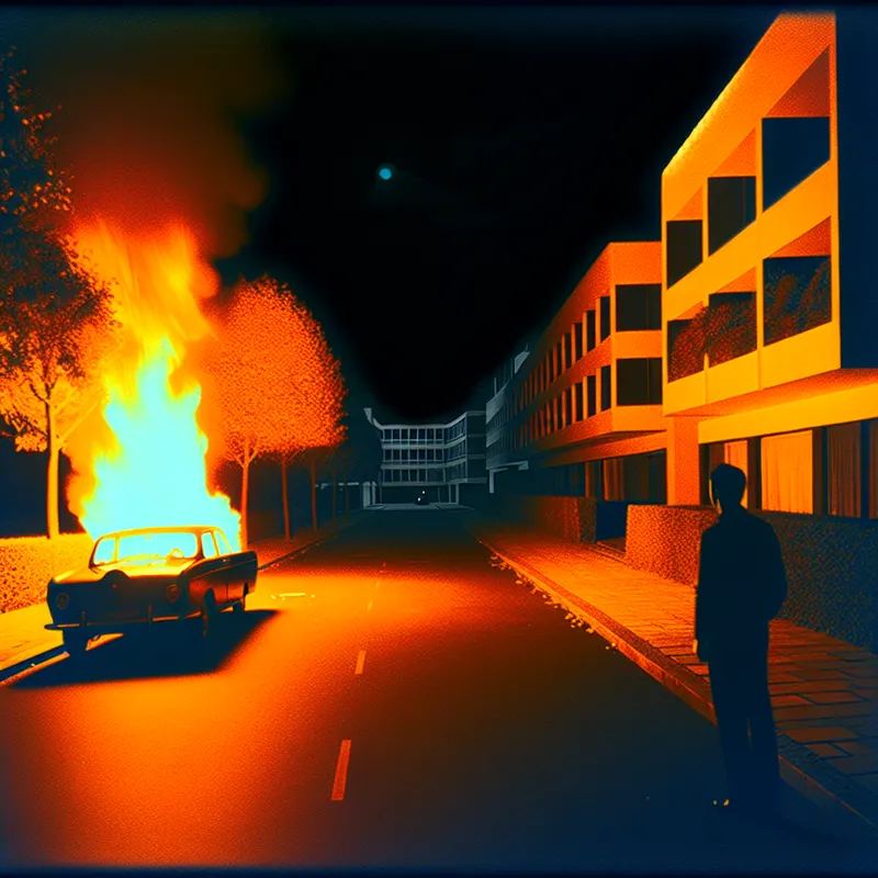 Retro-futuristische scène met een brandende auto op een stille straat
