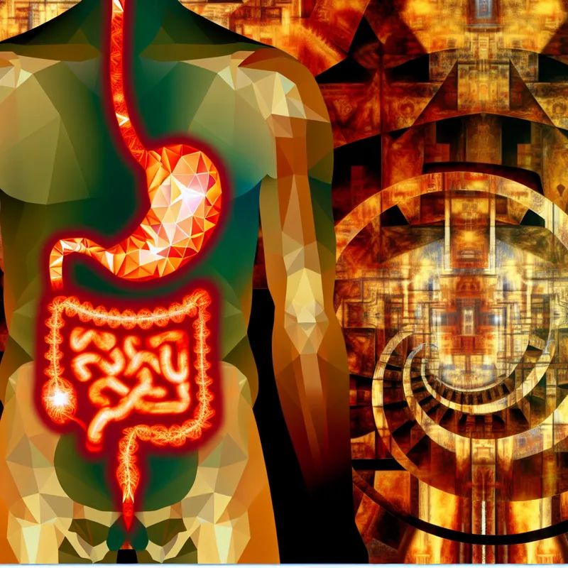 Surrealistische illustratie van een menselijk torso met een transparante, gloeiende maag waarin geometrische vlammen branden, symboliserend een scherp brandend gevoel in de maag