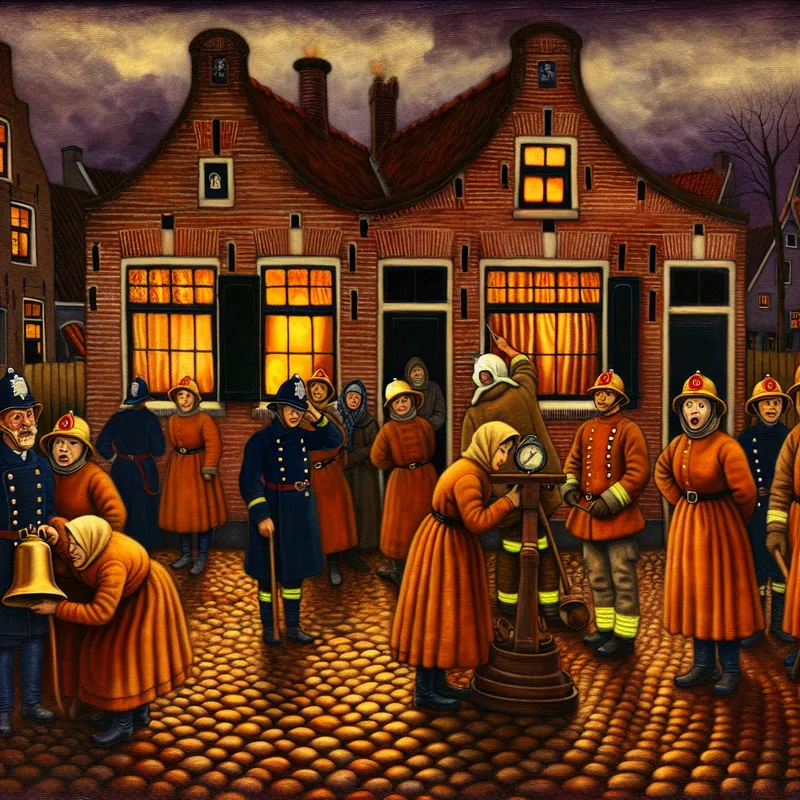 Nostalgisch Nederlands dorp bij schemering met traditionele brandweerlieden in paraatheid, een alarmbel vasthoudend in Anton Pieck-stijl