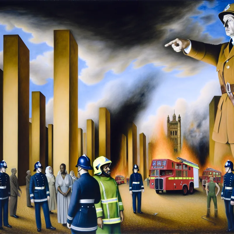 Brandweer sergeant in uniform geeft leiding aan team tijdens reddingsoperatie bij brandend gebouw in surrealistische stijl