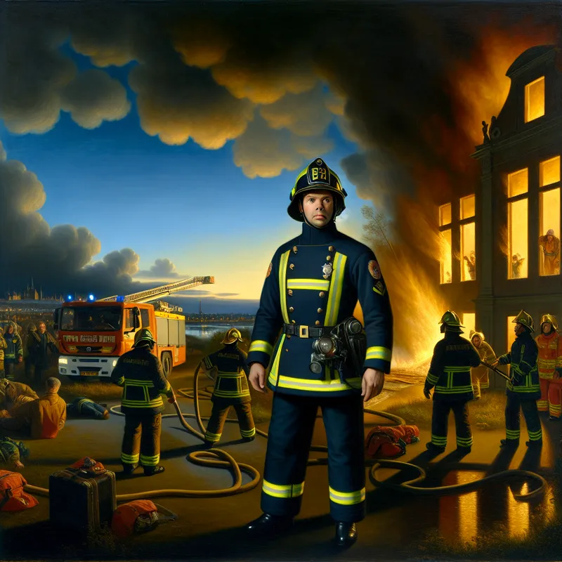 Brandweercommandant (kolonel van de brandweer) in uniform leidt een reddingsoperatie bij een brandend gebouw met een team van brandweerlieden en hulpverleners