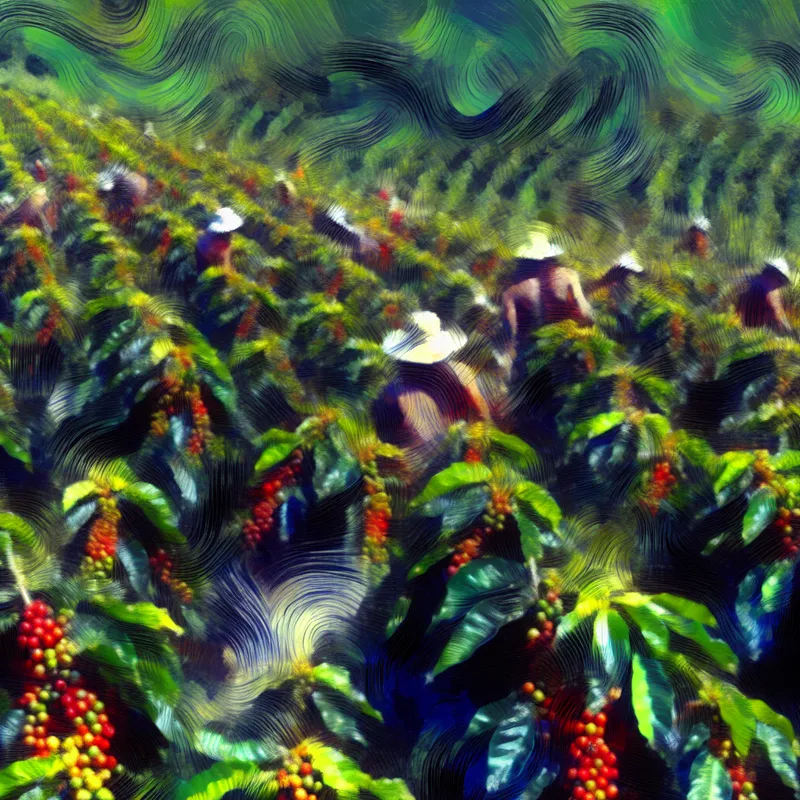 Abstract expressionistisch schilderij van een Braziliaanse koffieplantage met groene koffieplanten en boeren die werken onder de zon.