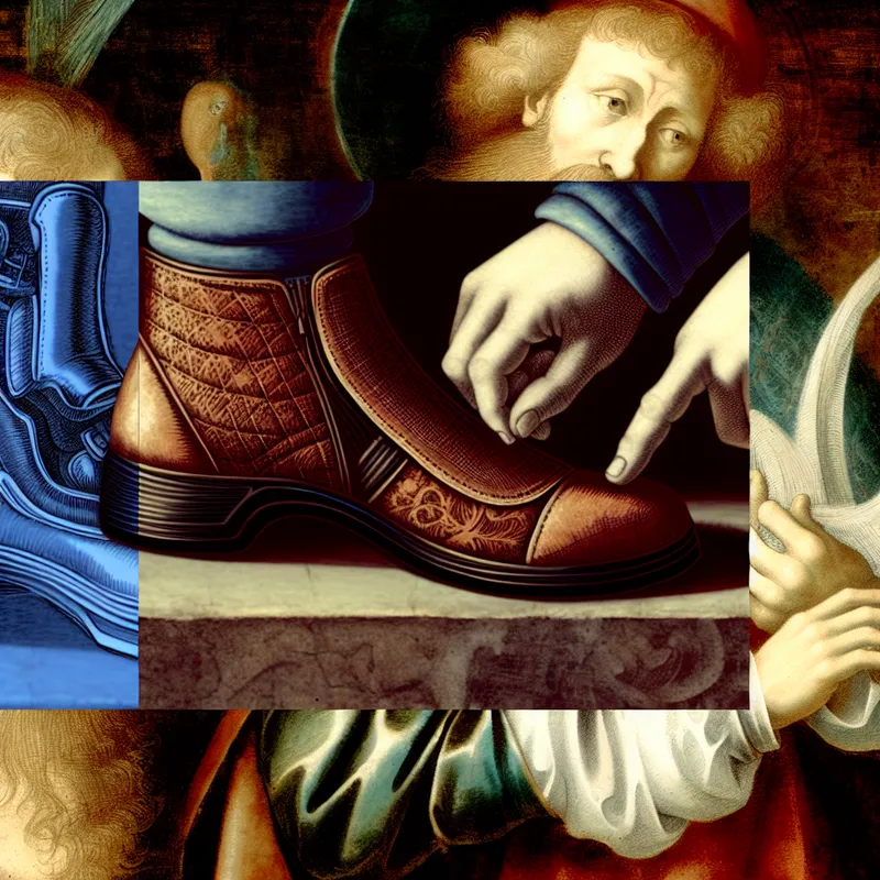 Barokke illustratie van voeten die schoenen passen met een brede en smalle teenbox, toont comfort versus ongemak